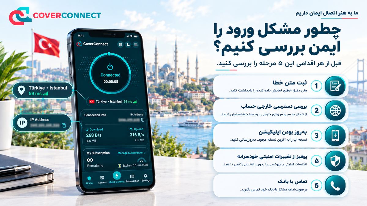 پنج مرحله بررسی ایمن مشکل ورود به زراعت بانک با اپ کاورکانکت و IP ثابت ترکیه