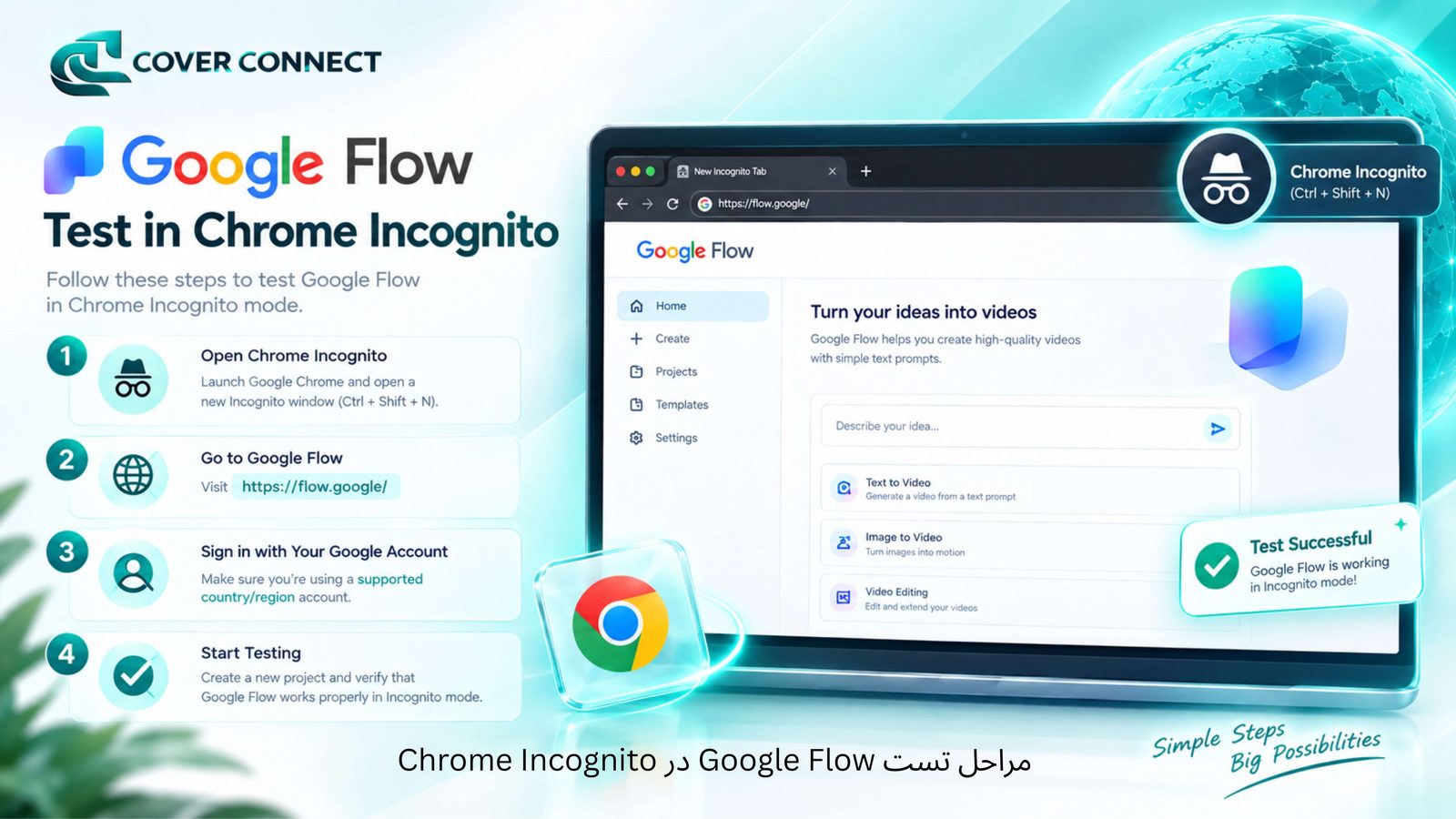 مراحل تست Google Flow در حالت Incognito مرورگر Chrome، از باز کردن پنجره ناشناس تا ورود به حساب گوگل