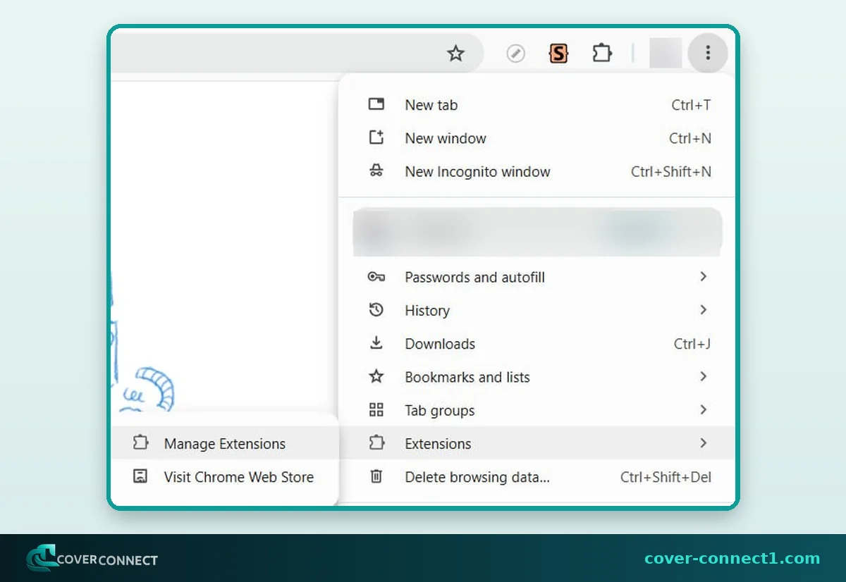 ورود به Manage Extensions از منوی کروم برای نصب افزونه رفع مشکل گوگل فلو